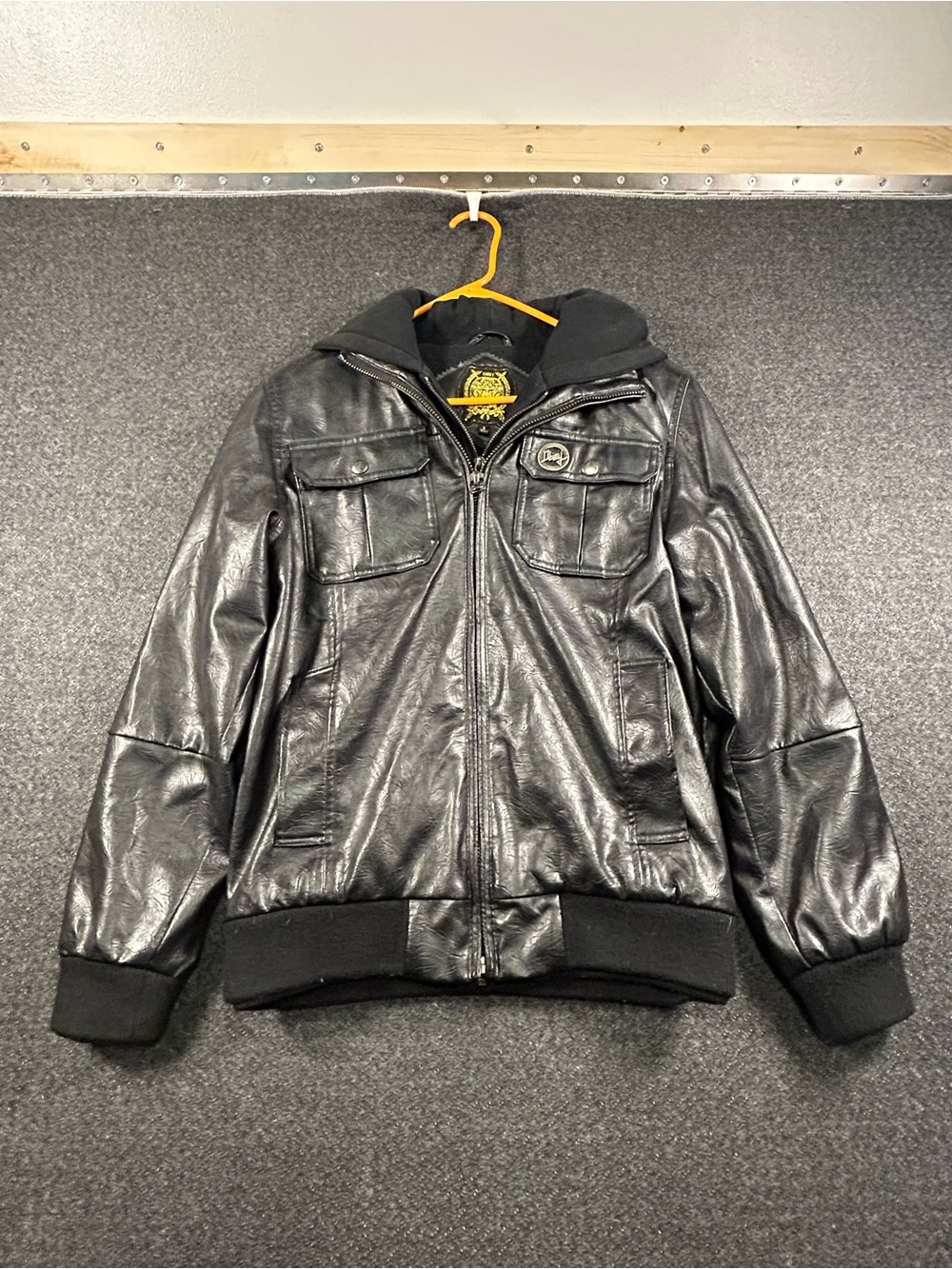 Obey Black Faux Leather Hooded Bomber Jacket With Pin Size Small